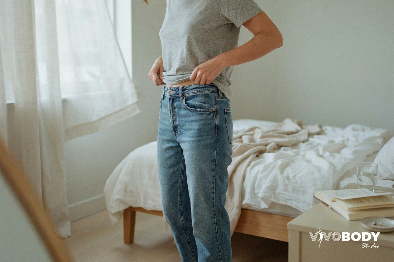 Woman in her forties holding the loose waistband of her jeans away from her waist