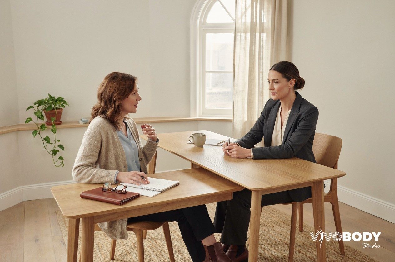 Practitioner and client talking across a desk in a bright consultation room