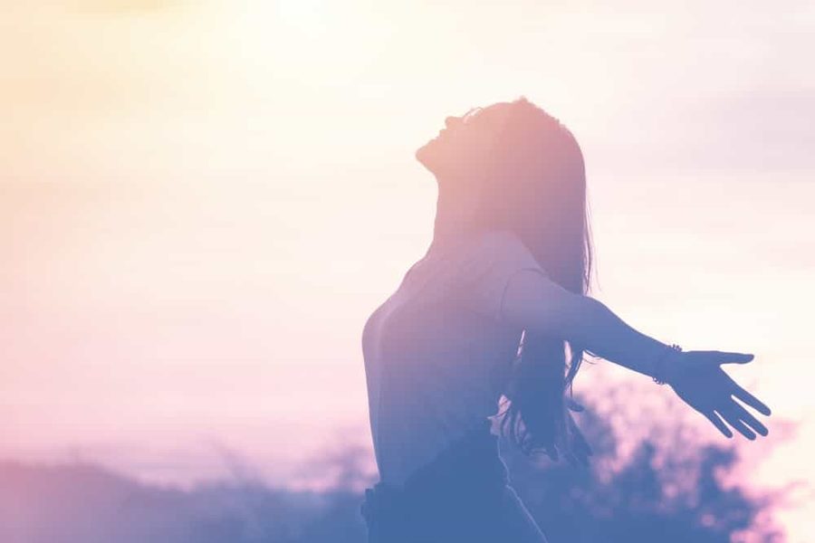 Woman Is Standing Sun Her Arms Outstretched,
