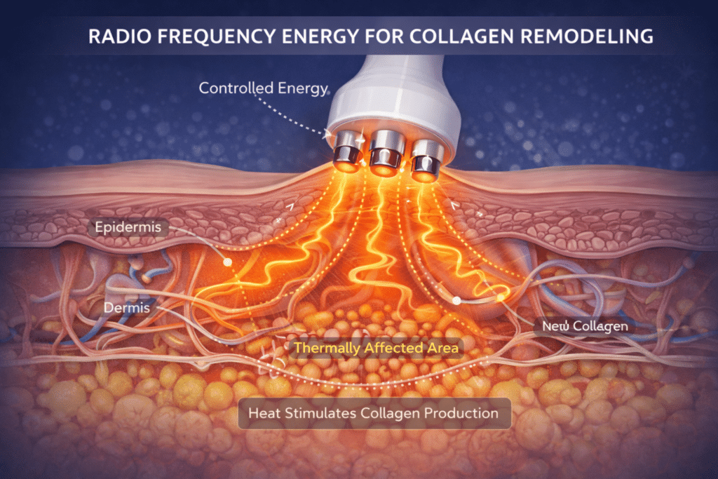 Radiofrequency energy stimulating collagen remodeling in the skin, improving firmness and texture.