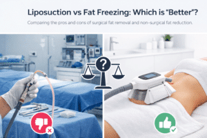 Comparison image showing surgical liposuction and non-surgical fat freezing (cryolipolysis) in a clinical setting