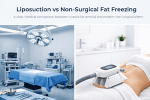 Side-by-side comparison of a surgical operating theatre and a non-surgical fat freezing (cryolipolysis) treatment in a clinical setting