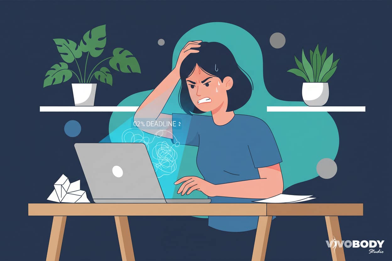 A woman working on a laptop looking stressed