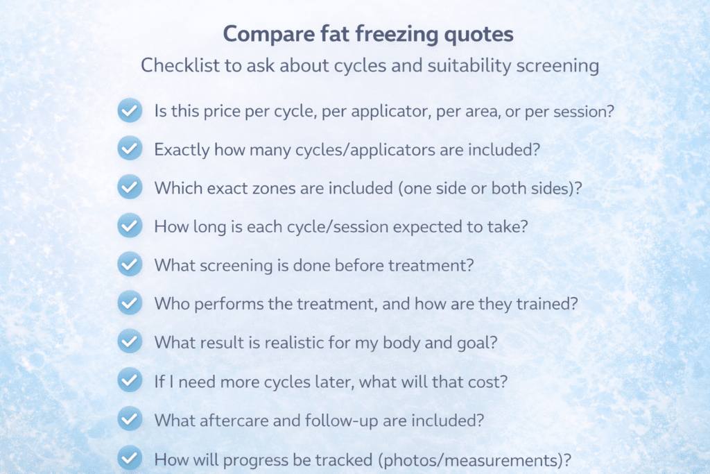 Checklist to compare fat freezing quotes by cycles and suitability screening