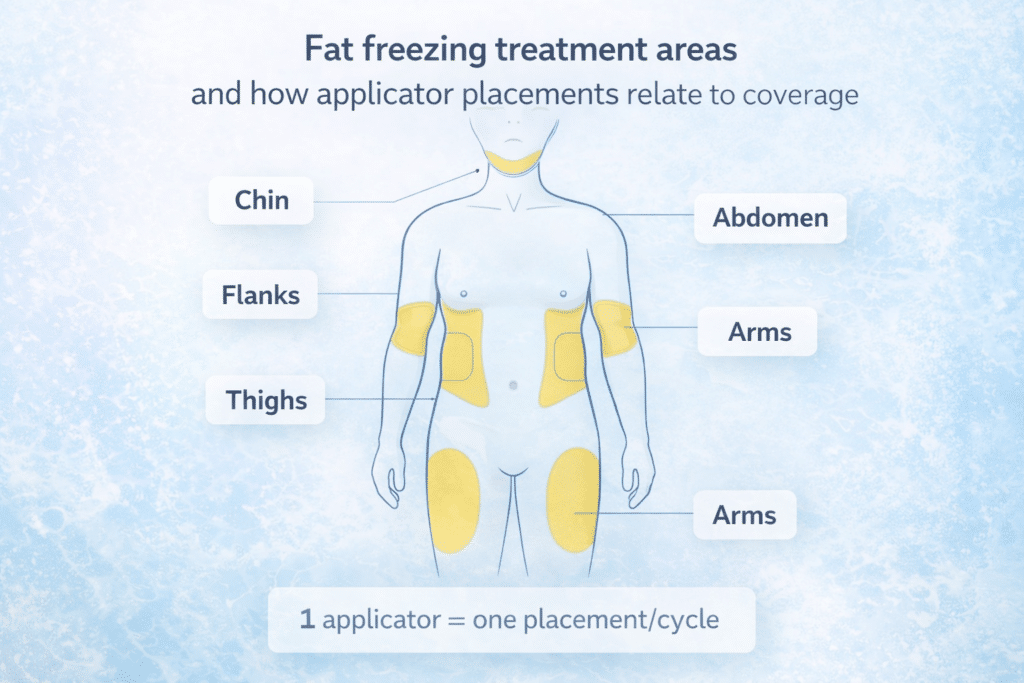 Fat freezing treatment areas and how applicator placements relate to coverage