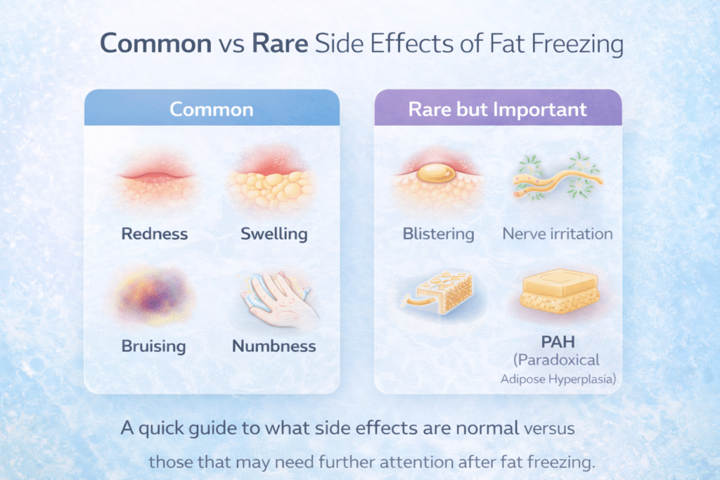 Comparison of common vs rare side effects of fat freezing treatment, including PAH
