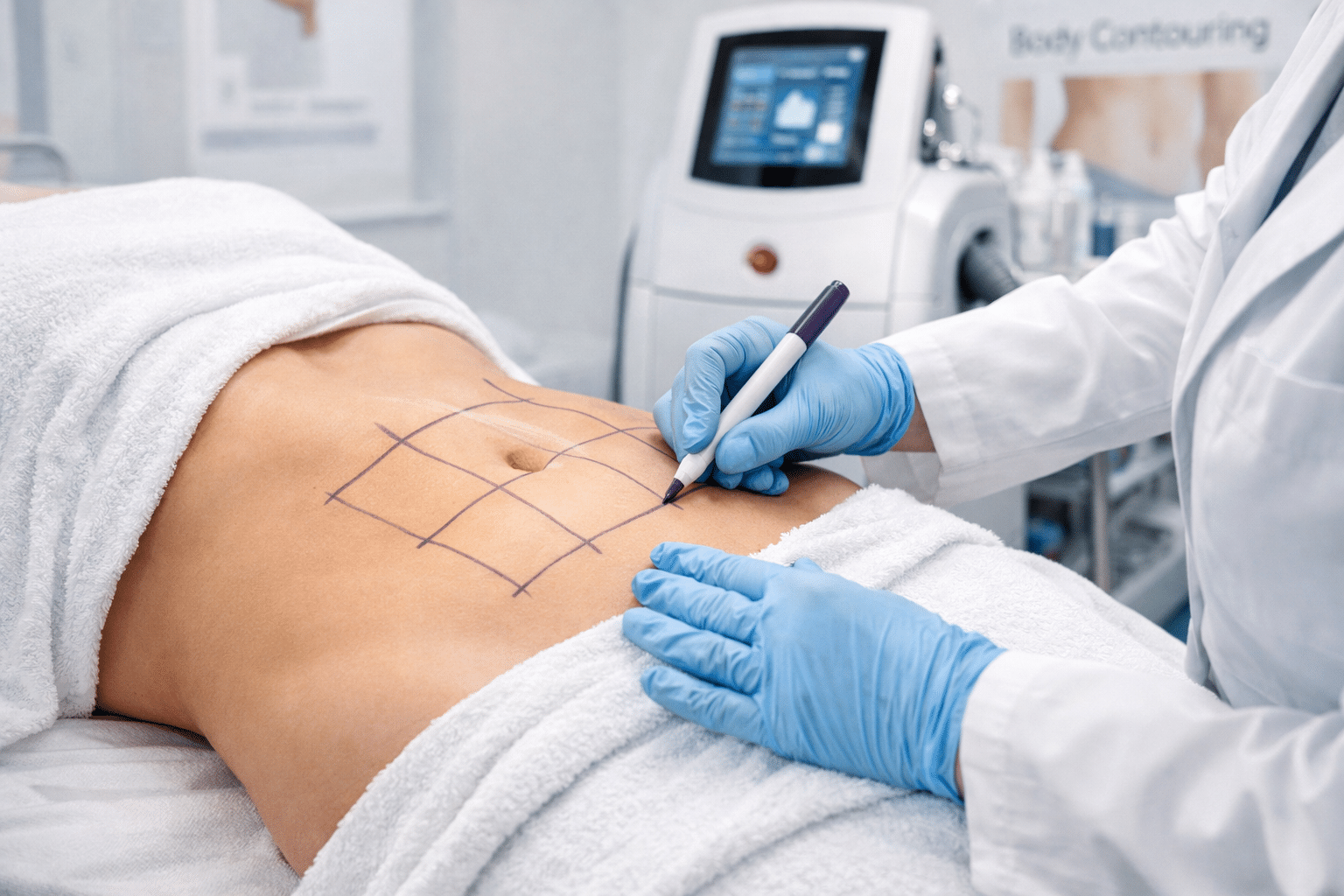 Clinician marking love handle area before cryolipolysis applicator placement