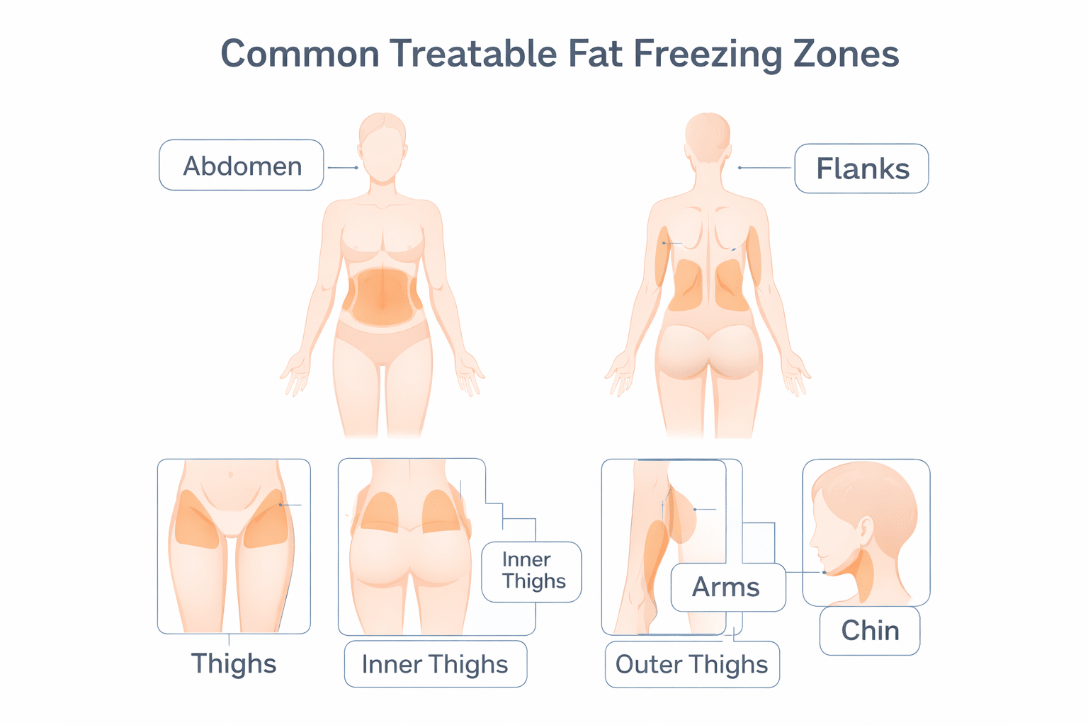 Common fat freezing treatment areas including abdomen, flanks and thighs