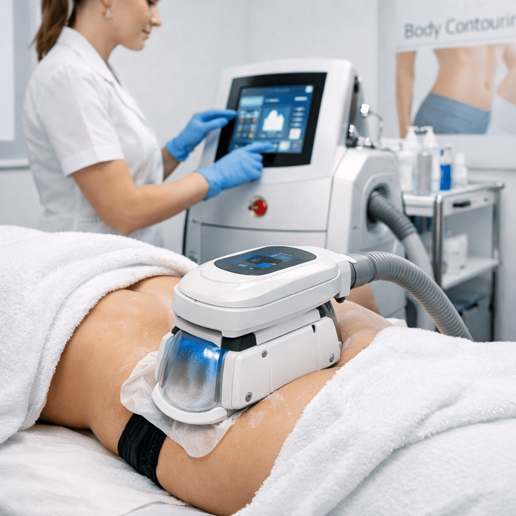 Cryolipolysis fat freezing treatment being performed on the abdomen