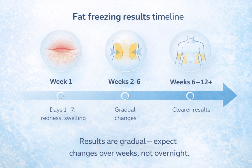 Fat freezing results timeline from week 1 to week 12 plus