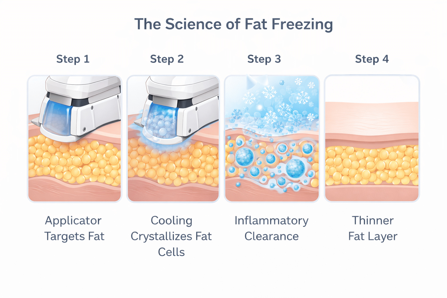 Diagram showing how cryolipolysis cools fat cells and the body clears them over time