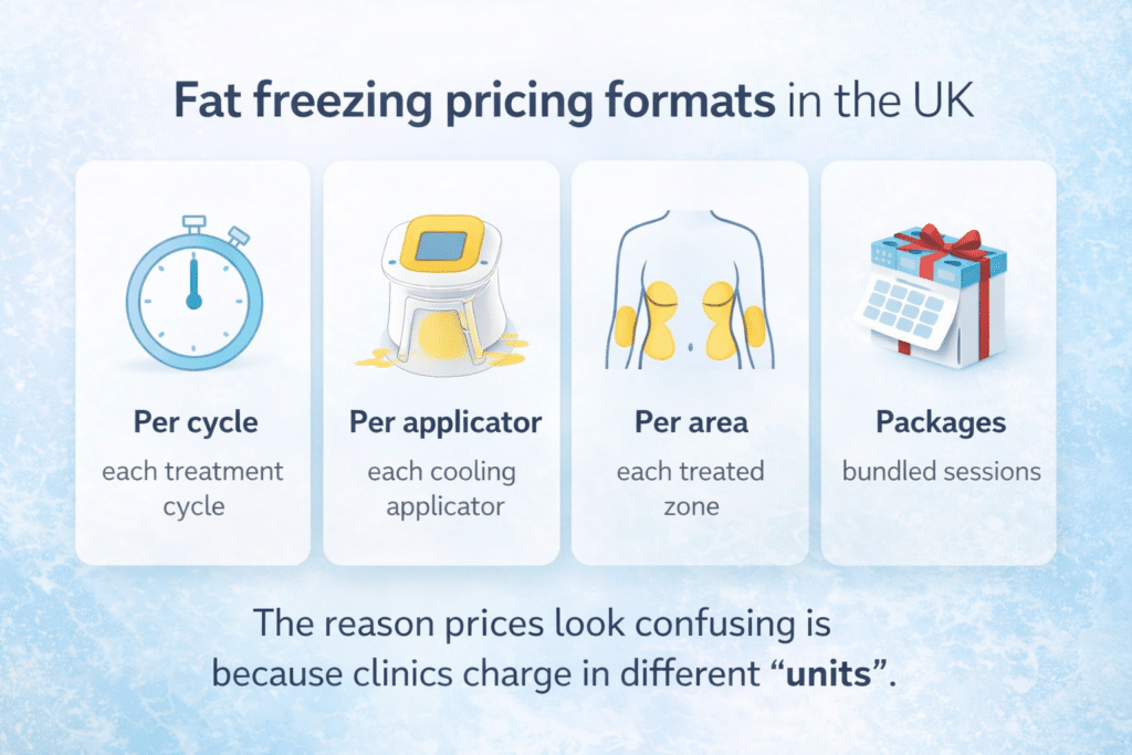  Fat freezing pricing formats in the UK: per cycle, per applicator, per area, and packages