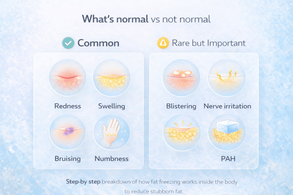 Comparison of common vs rare side effects of fat freezing treatment, highlighting normal side effects and rare complications like PAH