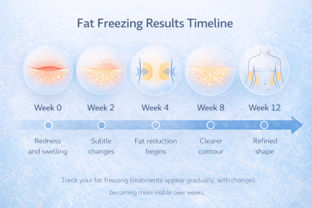 Fat freezing results timeline showing gradual changes from Week 0 to Week 12