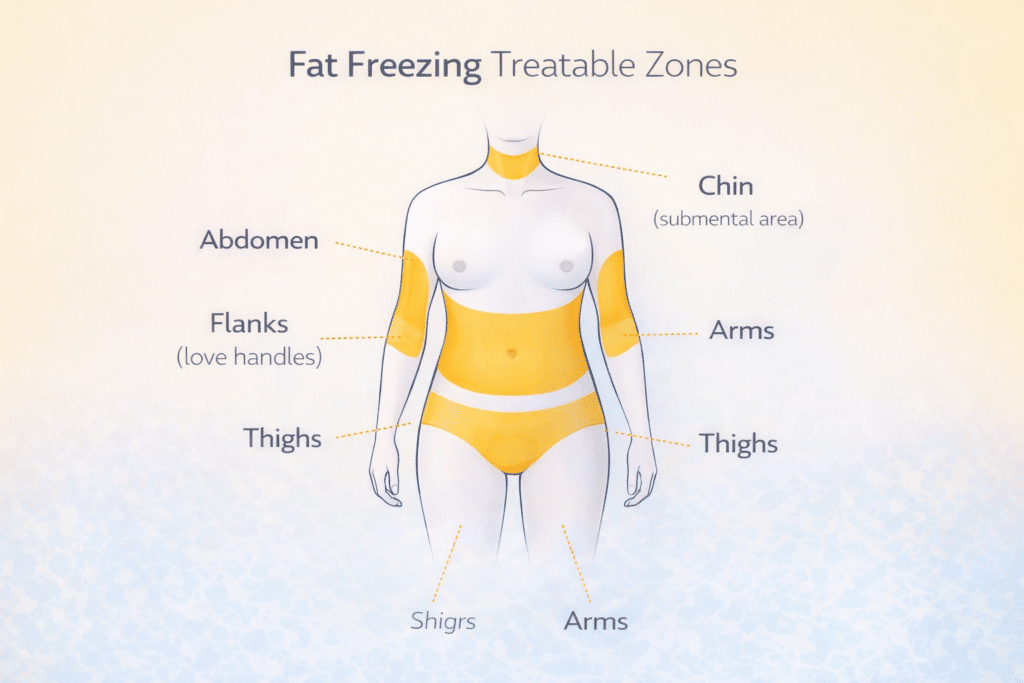 Fat freezing treatable zones including abdomen, flanks, thighs, arms, and chin.