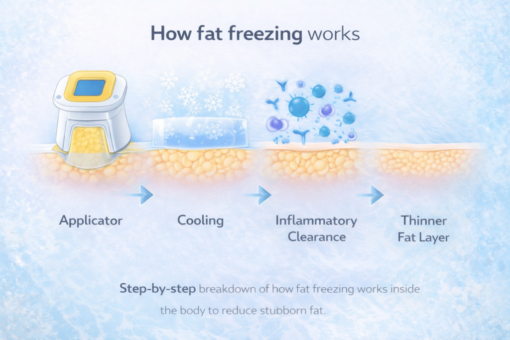 Step-by-step breakdown of how fat freezing works inside the body to reduce stubborn fat using controlled cooling