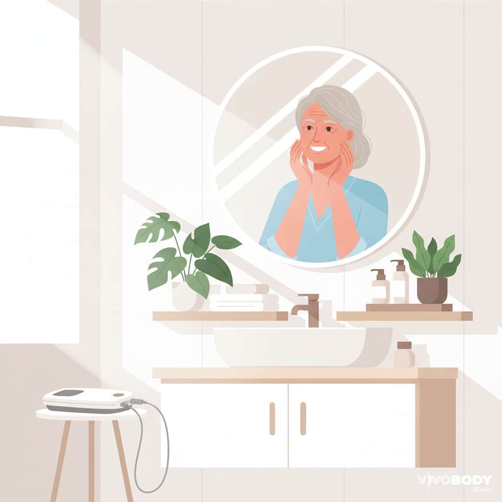 Confident mature woman admires her lifted, glowing face in the mirror after treatment.