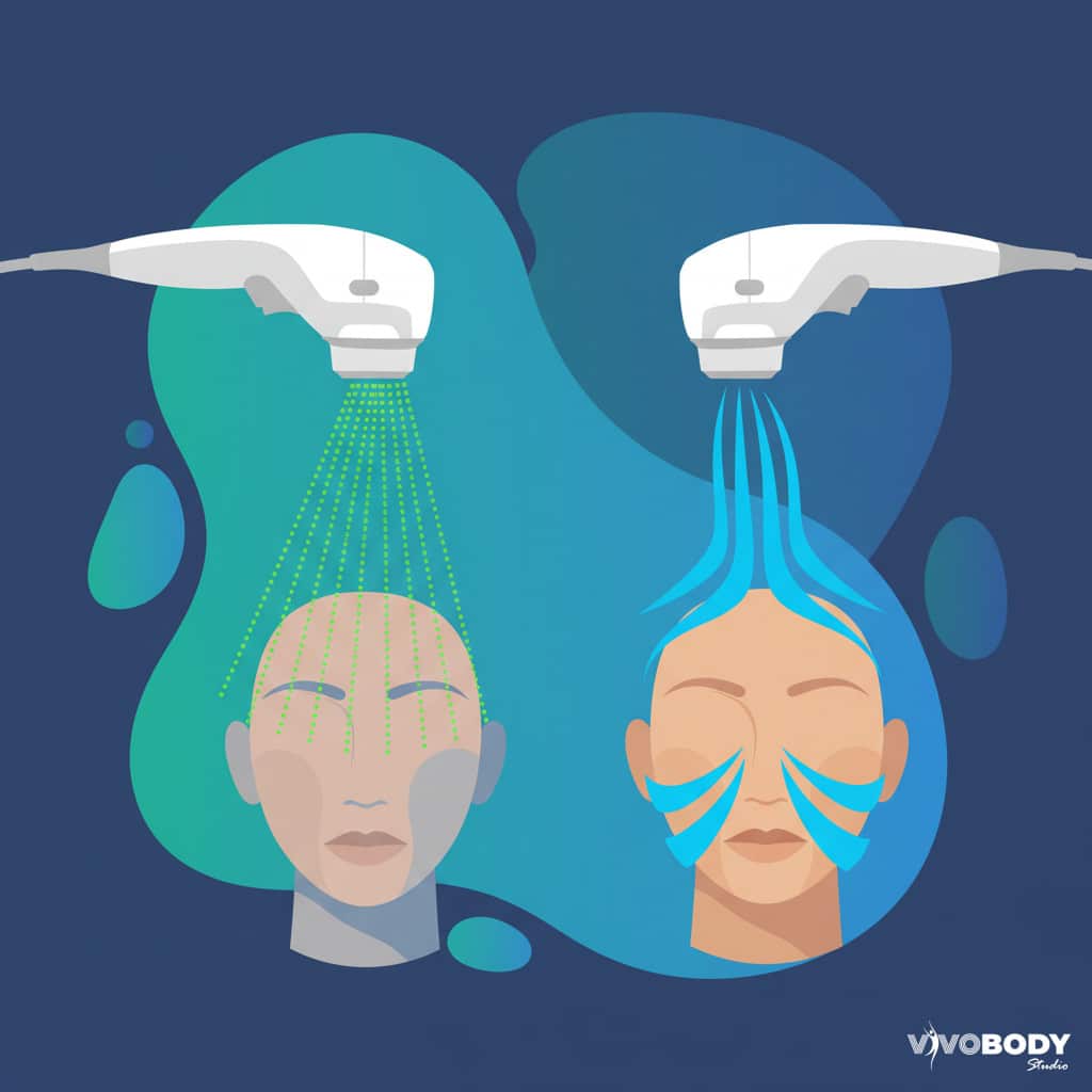 Stylised illustration comparing Ultherapy and HIFU ultrasound devices side by side.