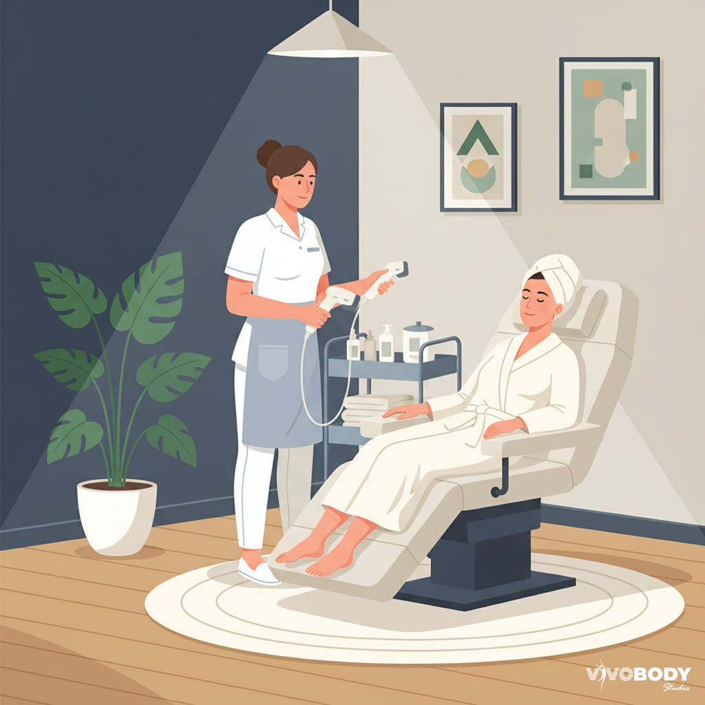 A smiling client in a spa robe consults with an aesthetician in a modern treatment room.