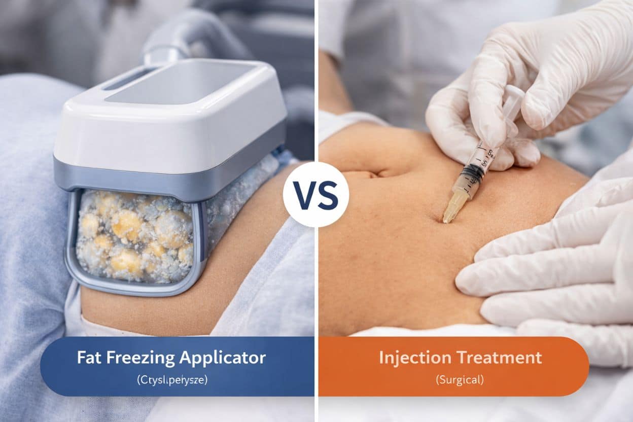 Fat Freezing vs Injection Treatment: Applicator vs Injectable Fat Reduction Side-by-side comparison of fat freezing applicator and injection fat reduction treatment on the abdomen