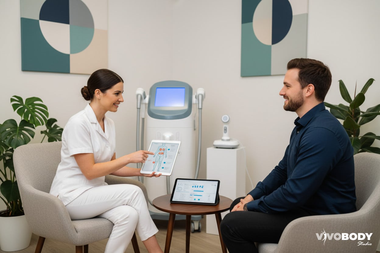 Consultation for fat freezing in a modern aesthetic clinic