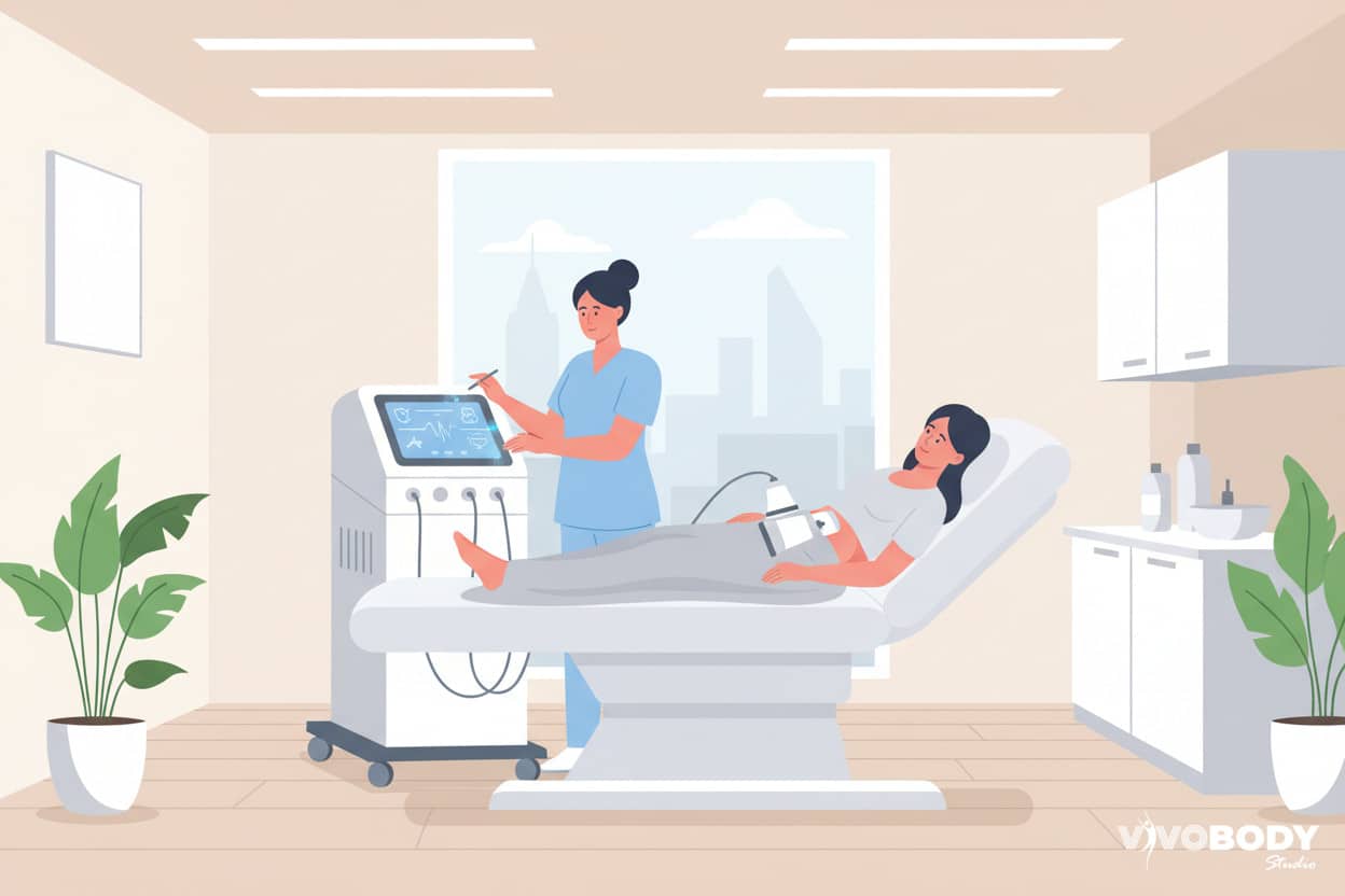 Client receiving fat freezing treatment in a modern UK aesthetic clinic