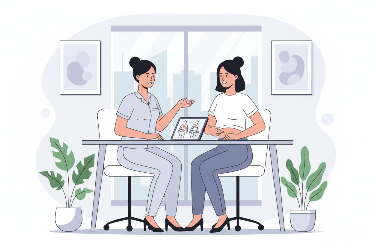 Client consultation in a modern clinic discussing fat reduction options