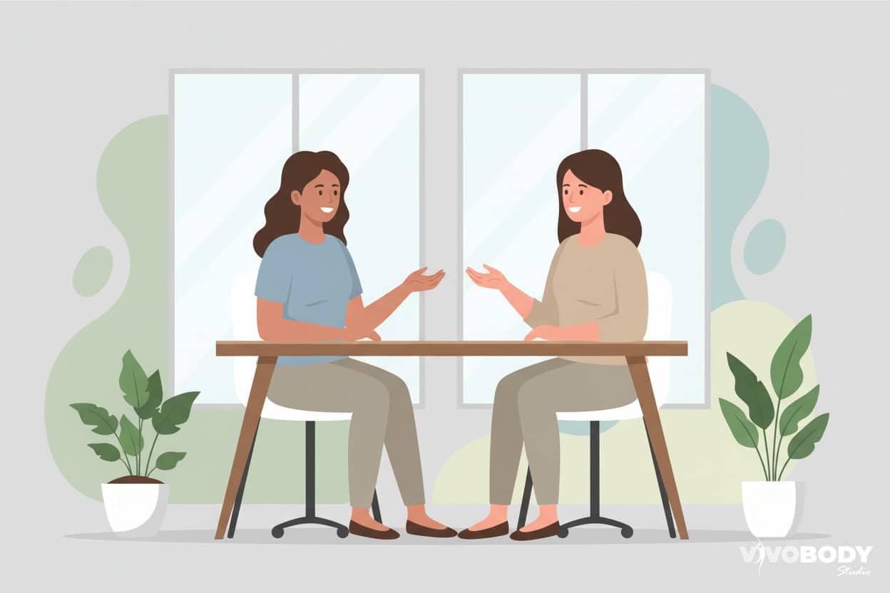 A relaxed consultation between a woman and practitioner in a modern UK clinic.