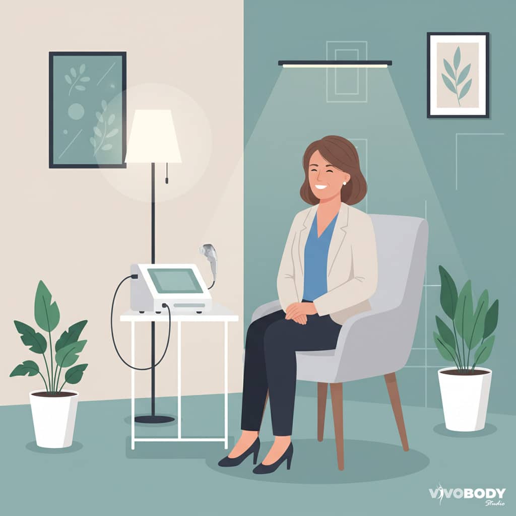 A smiling woman sitting comfortably in a modern clinic consultation room.