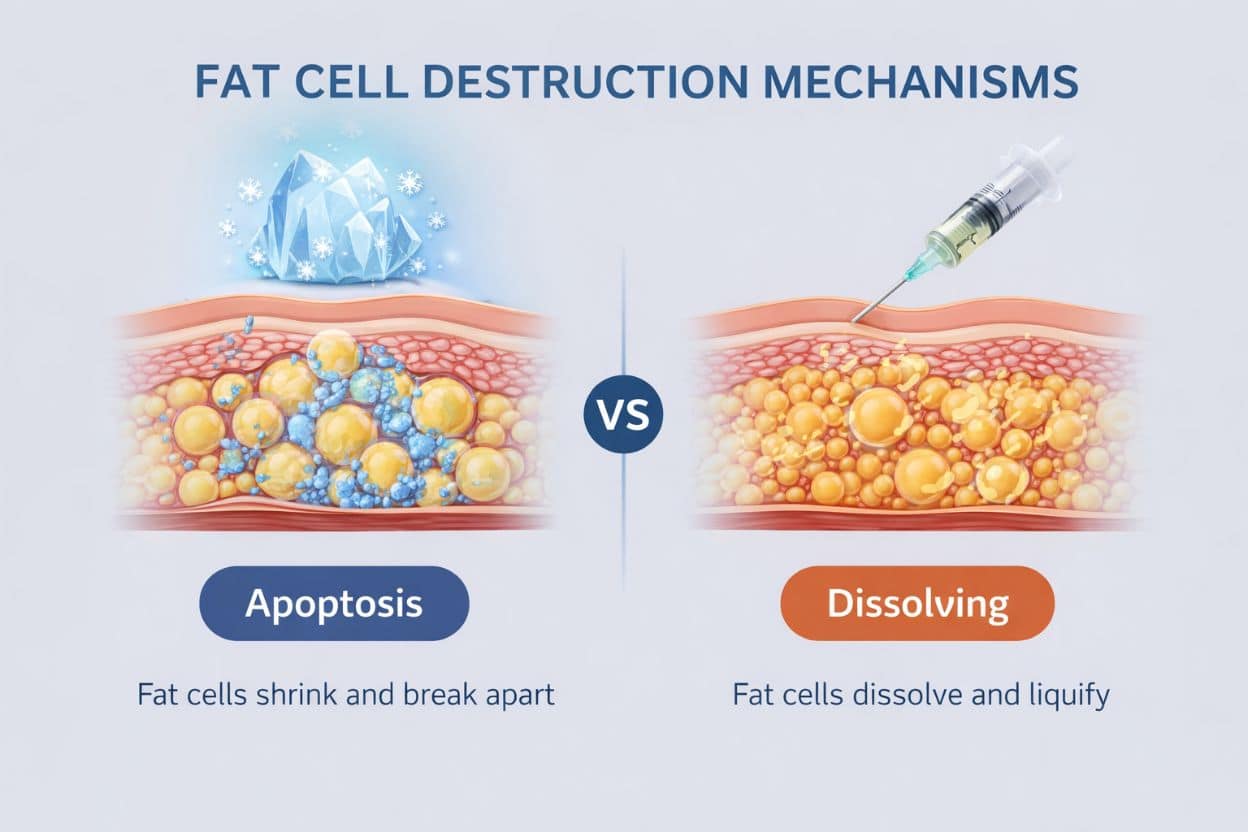 Fat Freezing vs Lemon Bottle: Fat Cell Destruction Mechanisms Explained Comparison of fat freezing and Lemon Bottle fat reduction showing apoptosis vs dissolving fat cell mechanisms
