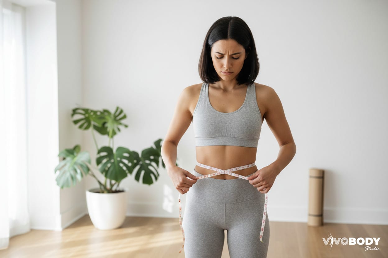 Woman measuring her waist and feeling frustrated about stubborn fat