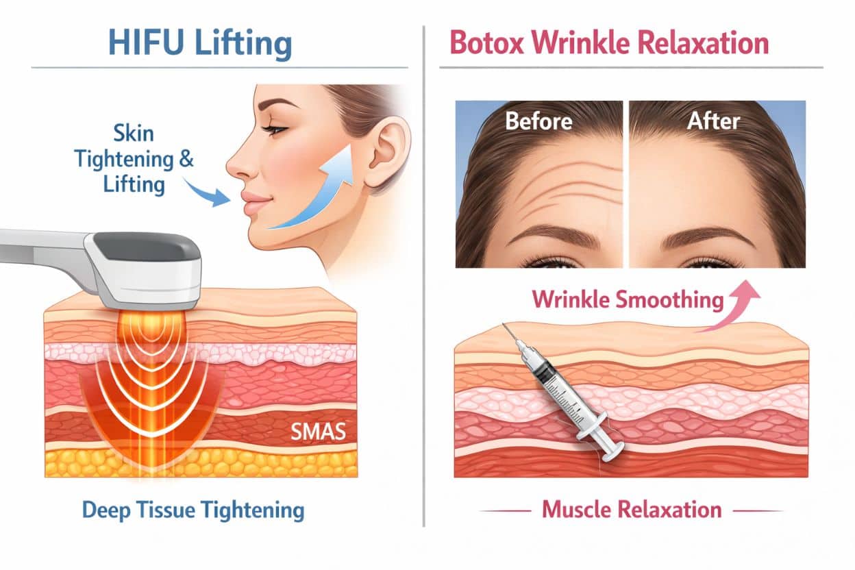 Comparison Graphic Showing Hifu Lifting Effect Vs Botox Wrinkle Relaxation
