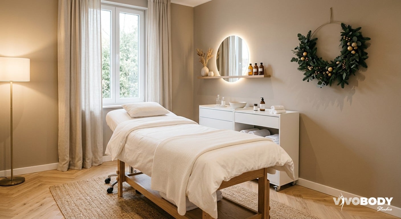 Calm modern aesthetic clinic interior with subtle festive touches
