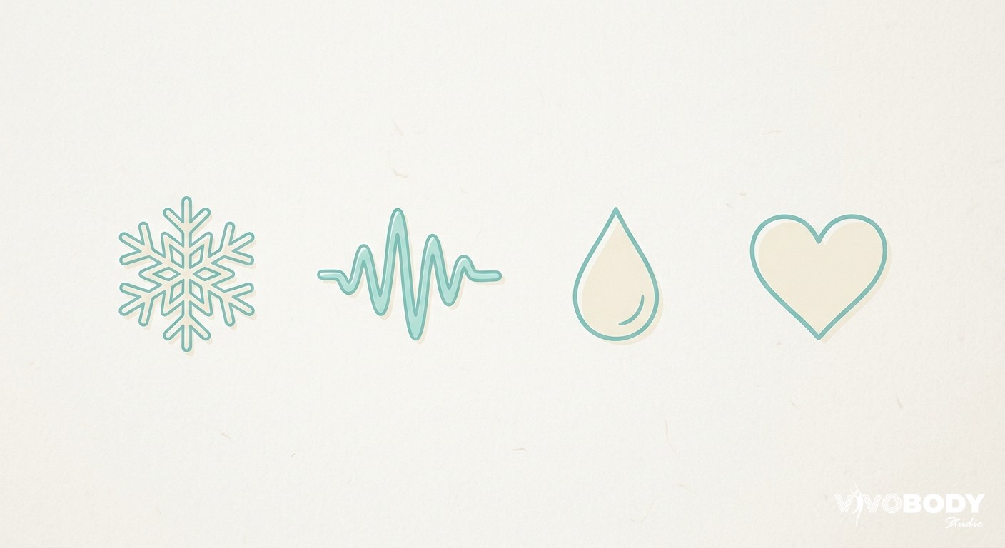 Illustrated icons representing different body contouring technologies including cryolipolysis and ultrasound