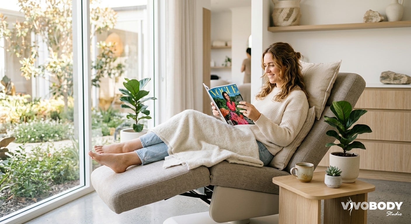 A client relaxing during a non-surgical chin treatment session