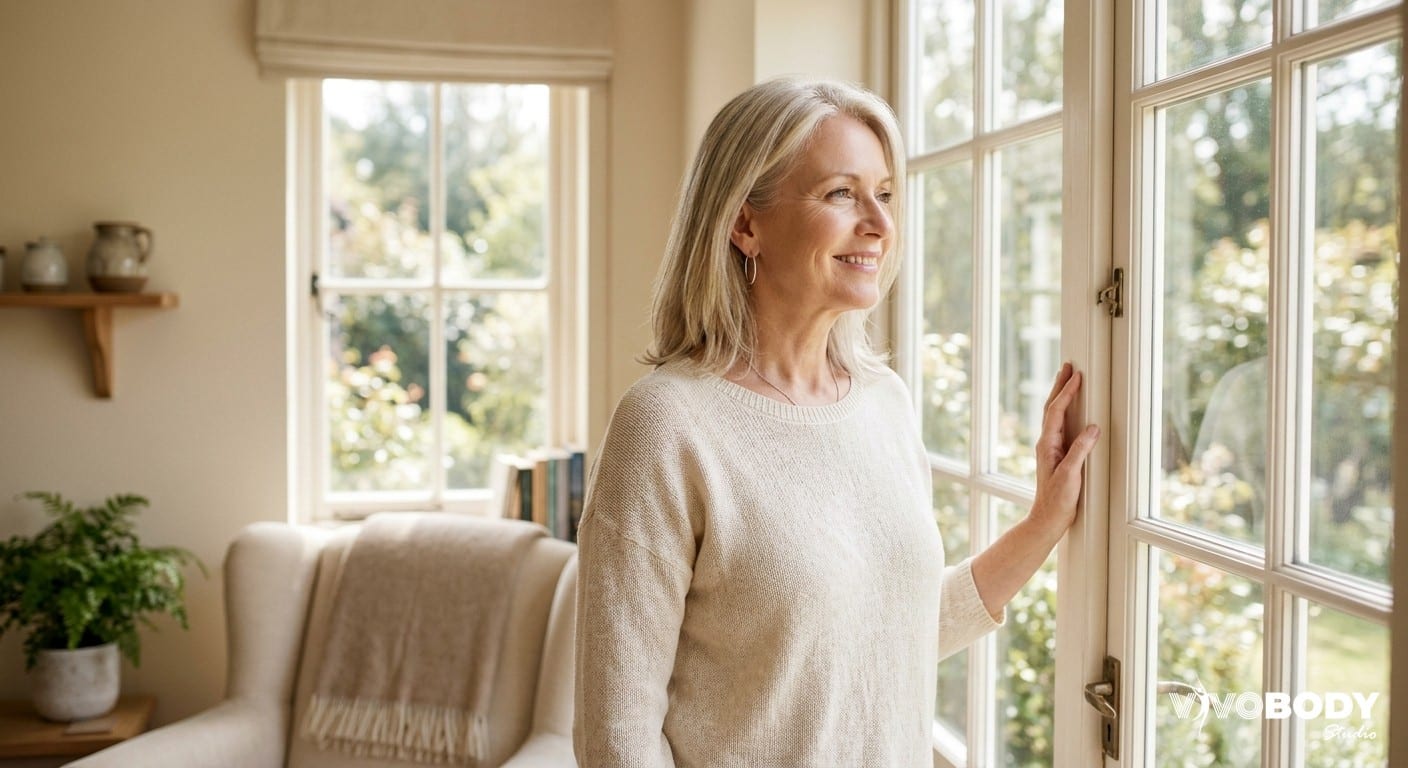 Confident mature woman with healthy skin enjoying natural light