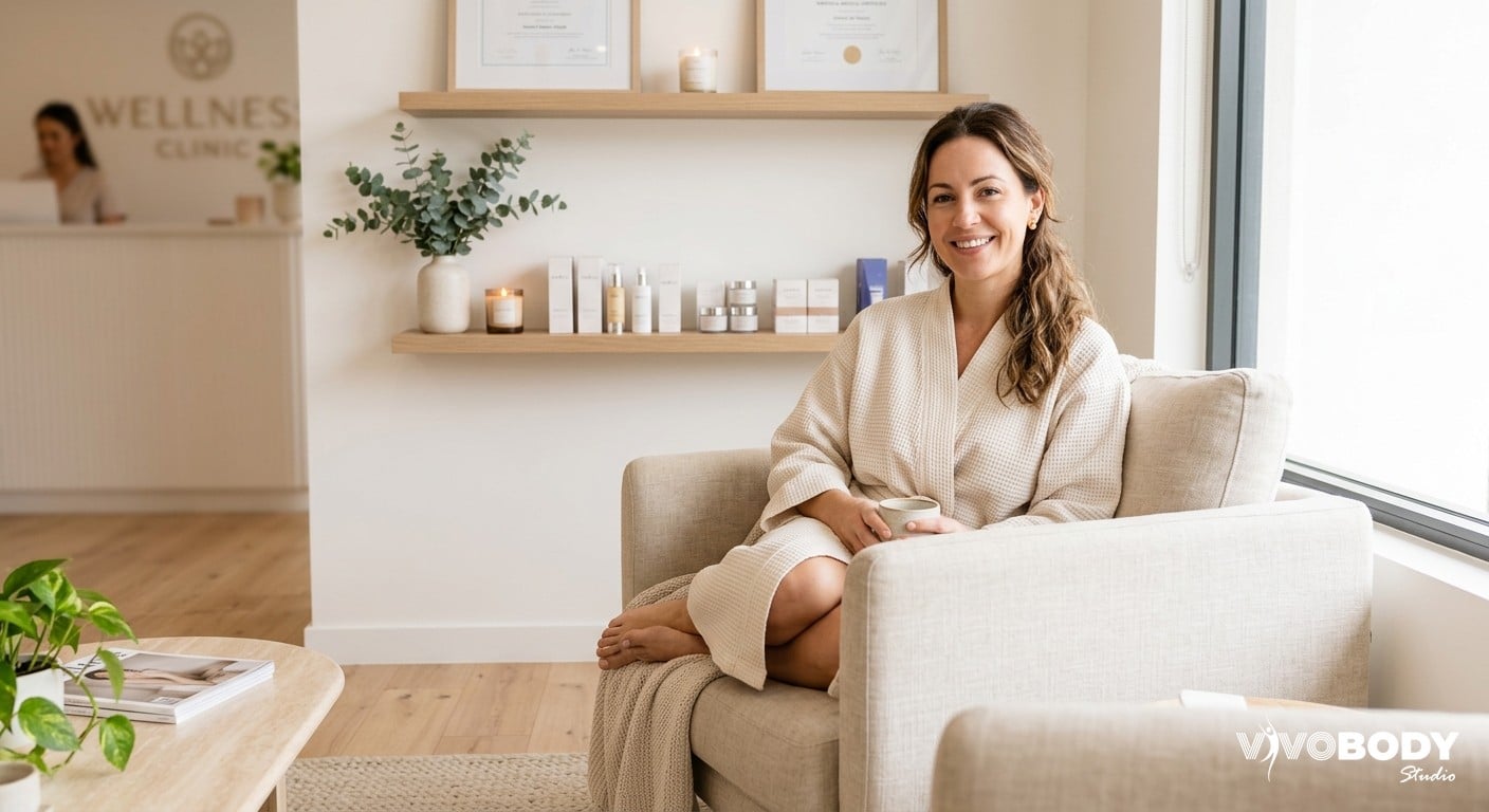 Woman relaxing in a modern aesthetic clinic considering body contouring options