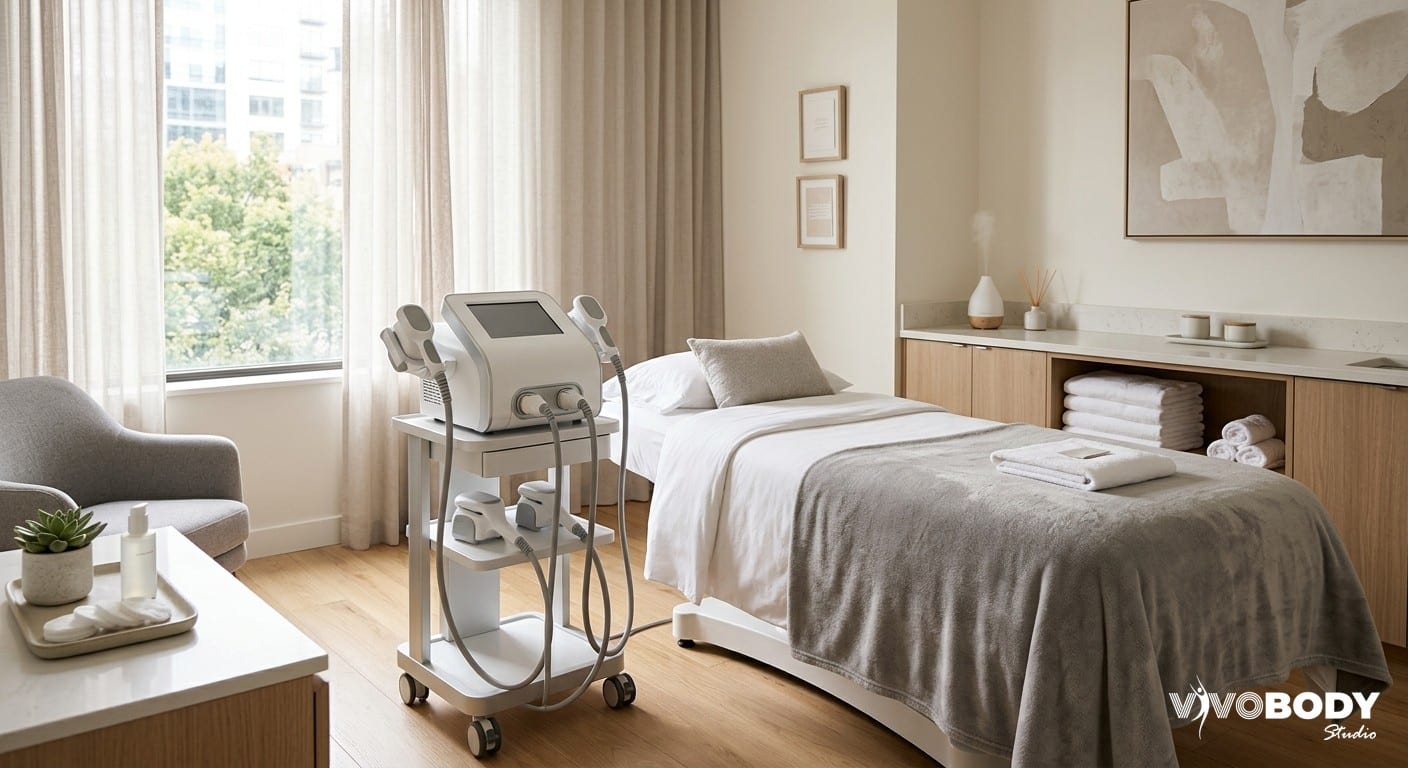 Modern clinic treatment room prepared for professional cryolipolysis treatment