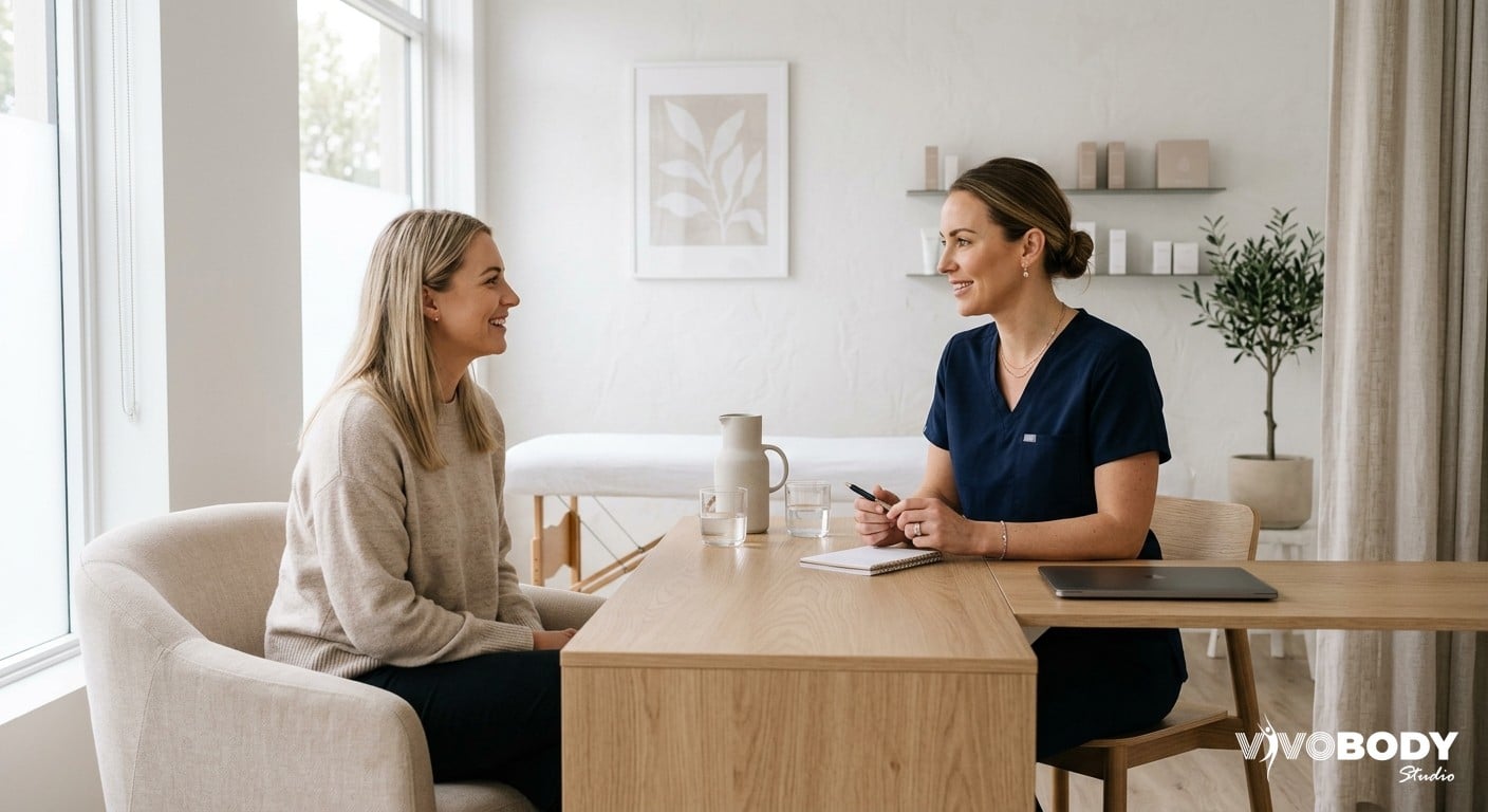 Aesthetic clinic practitioner discussing treatment protocol with a client in a modern consultation room