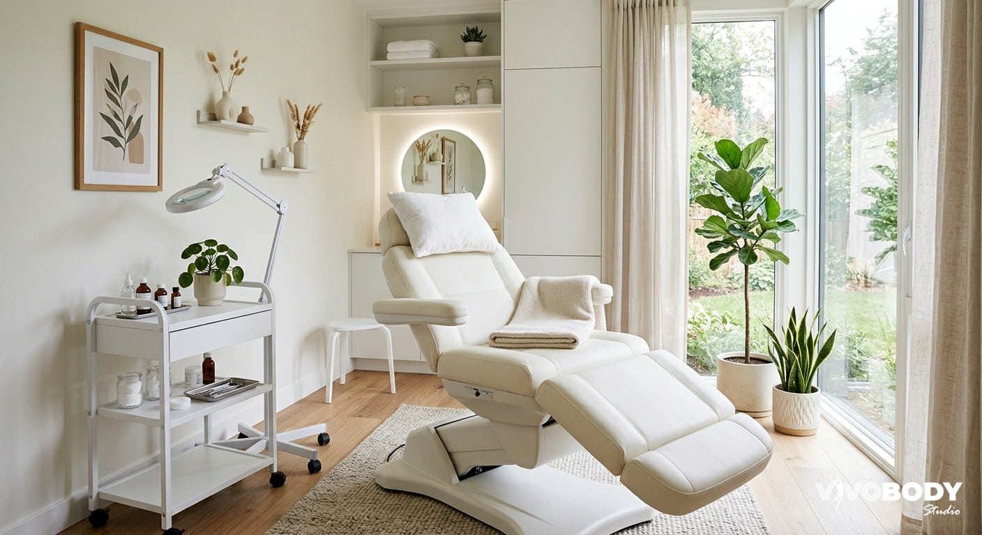 A modern, calming aesthetic clinic treatment room ready for a fat freezing session