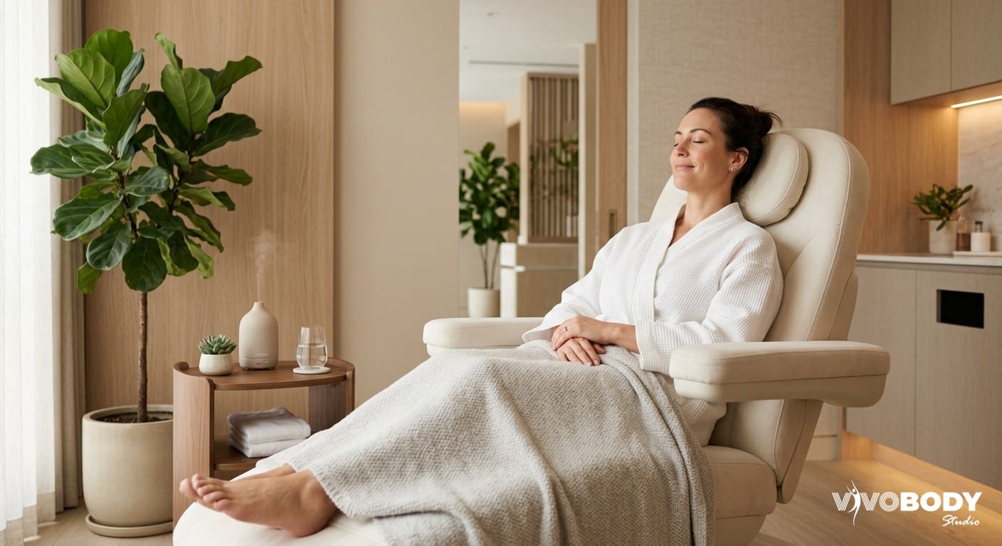 Woman relaxing during a body contouring treatment session in a calming UK clinic environment