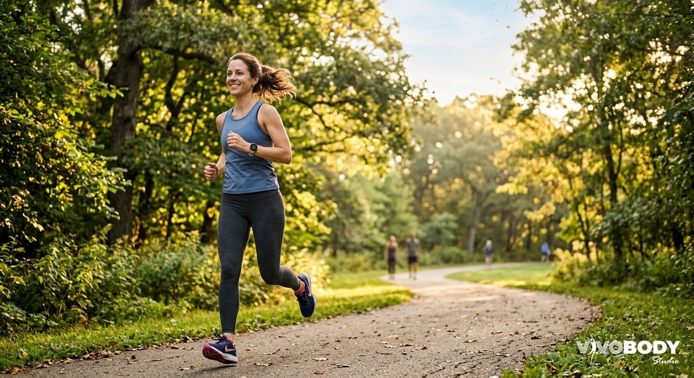 Woman jogging in a park representing healthy lifestyle choices alongside aesthetic treatment