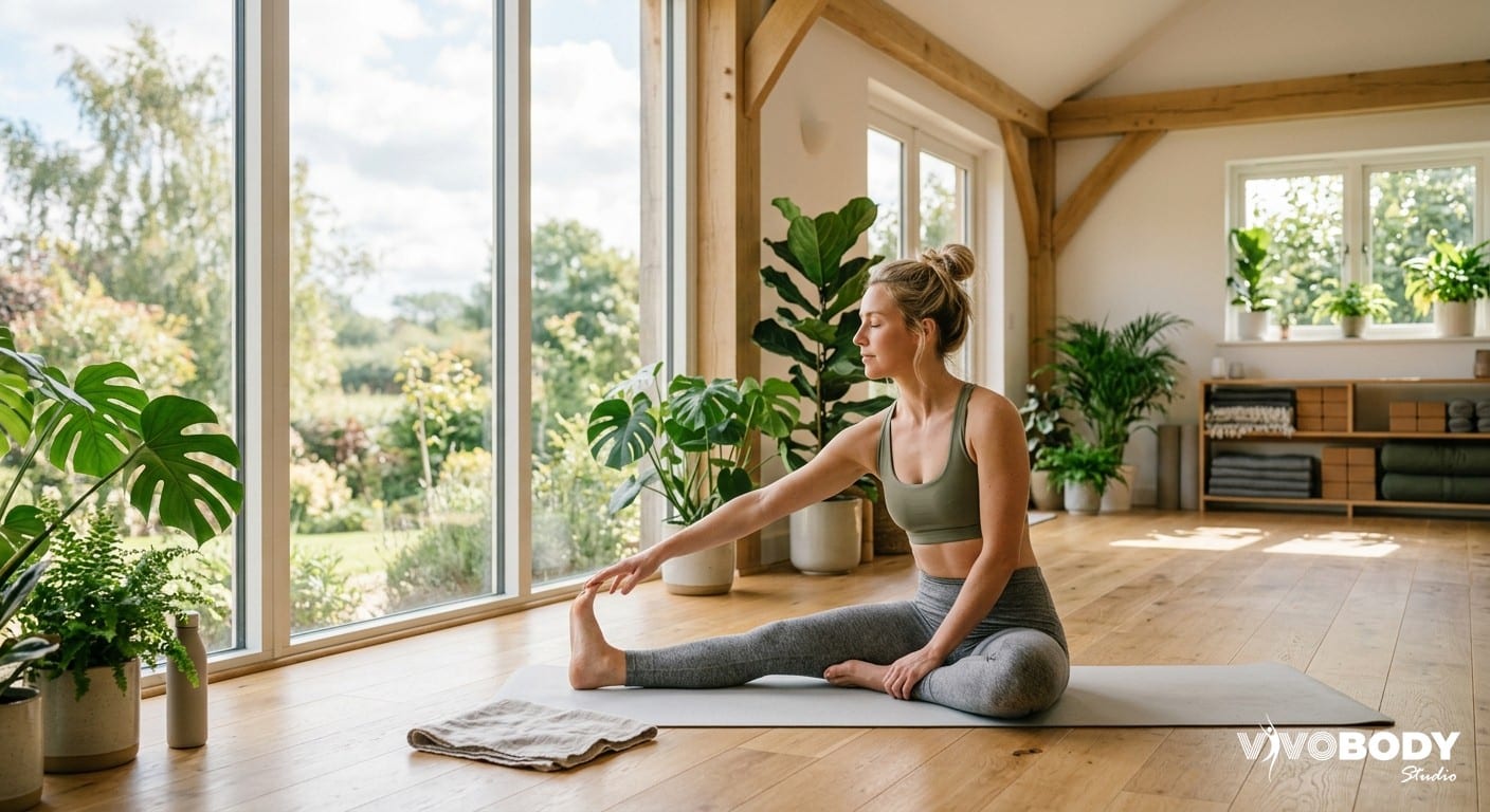 Woman stretching in a bright wellness studio, representing healthy lifestyle choices for fat reduction
