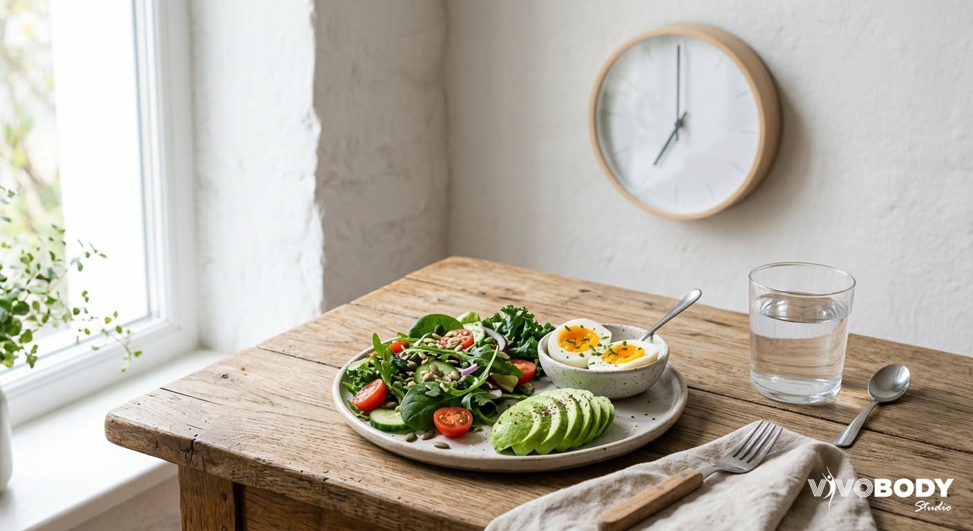 Healthy meal arranged beside a clock representing intermittent fasting eating windows