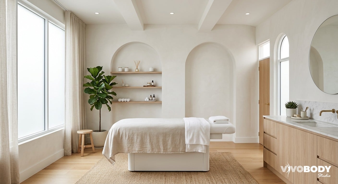A calm, modern aesthetic clinic interior set up for body contouring treatment