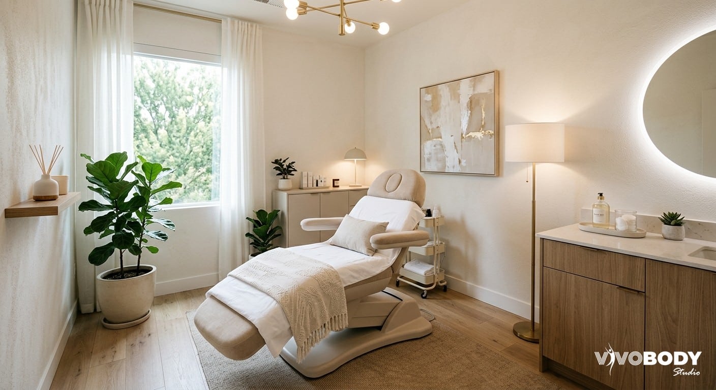 A modern aesthetic clinic interior where double chin treatments are performed