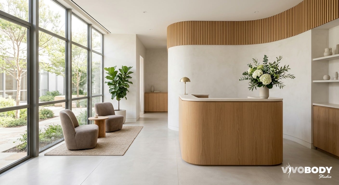 Modern aesthetic clinic interior with calm welcoming atmosphere