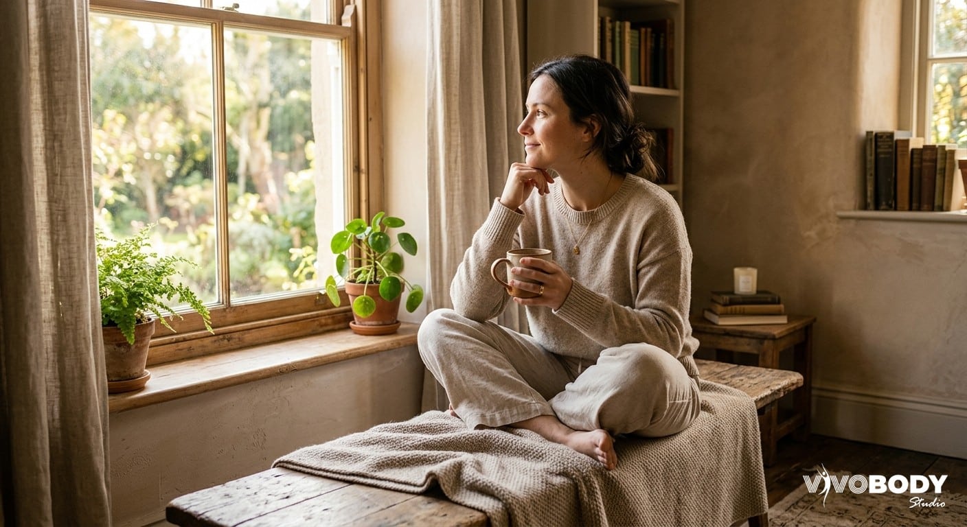 A mother sitting peacefully by a window in soft morning light