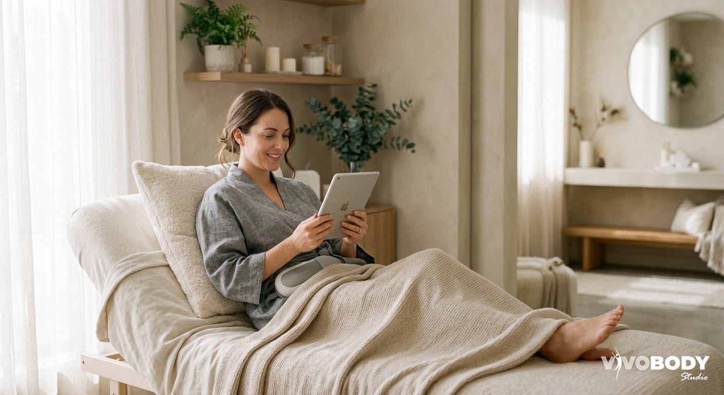 Woman relaxing during a non-invasive fat reduction treatment in a modern clinic