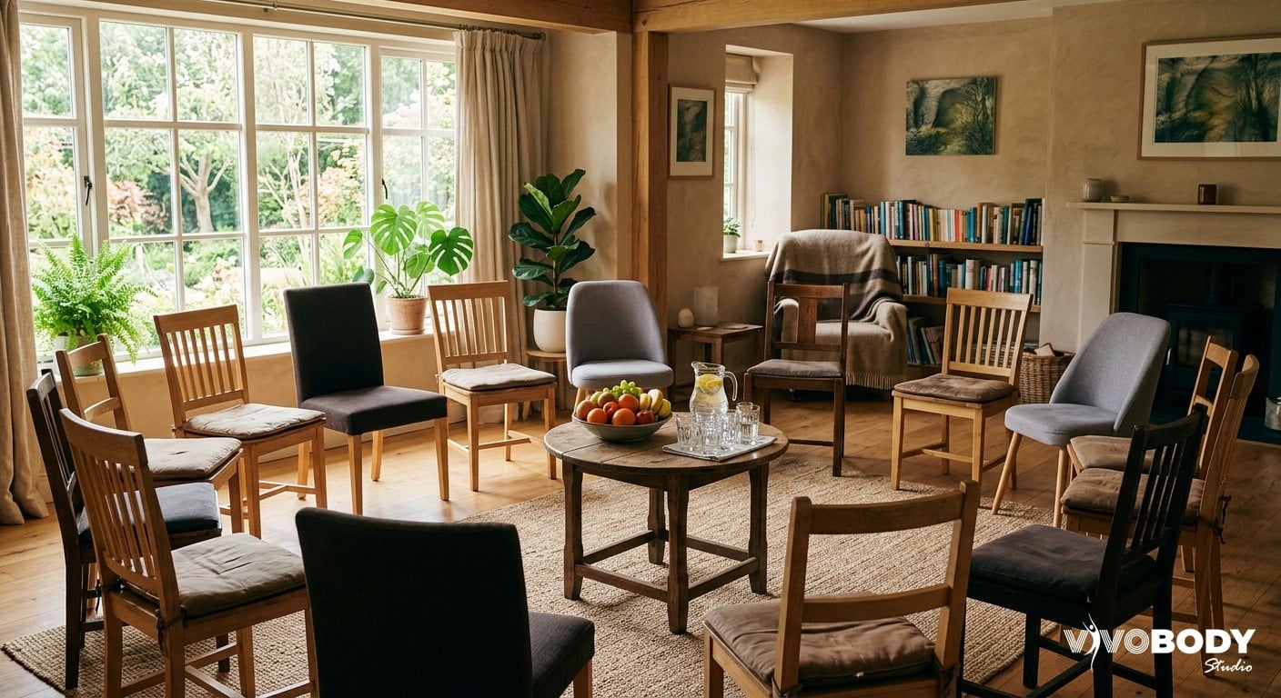 A bright community meeting space representing slimming club support groups